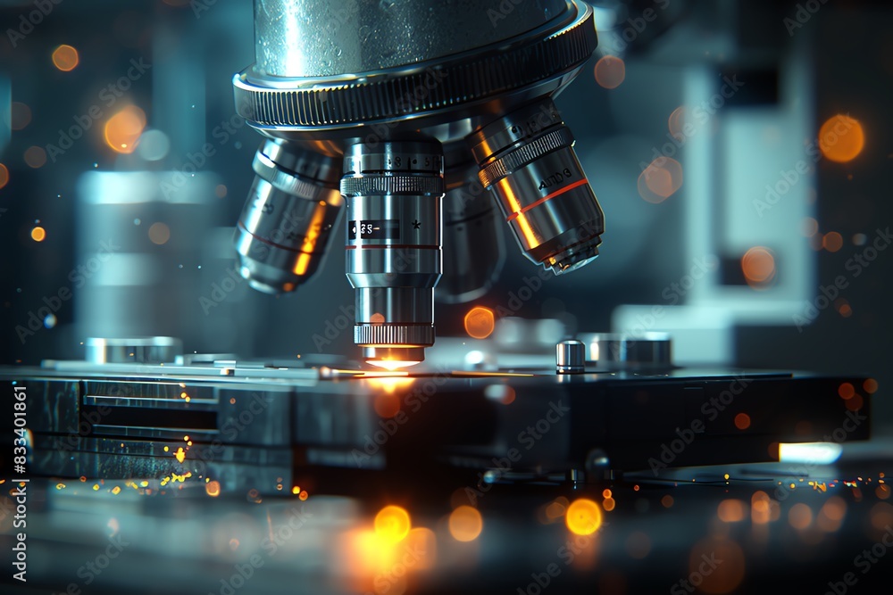 A close-up shot of a microscope lens focused on a metallic surface, with sparks and light reflecting. A close-up shot of a microscope lens focused on a metallic surface, with sparks and light reflecting.