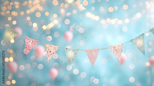 A festive garland of colorful flags hangs against a soft blue bokeh background.  Perfect for celebratory occasions. photo
