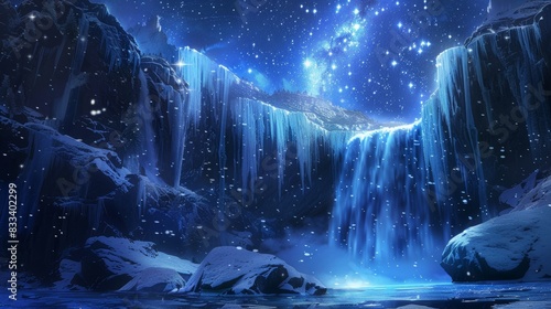 Starlit sovereign of the ancient sky atop frozen waterfalls background, ai generated