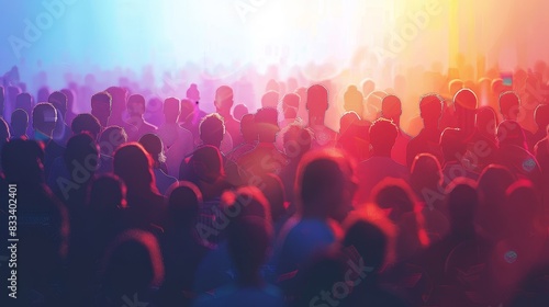 A crowd of silhouettes in a concert venue with colorful spotlights. The crowd is enjoying the music and atmosphere.