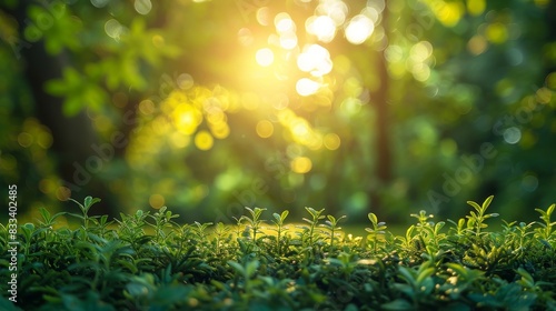 A close-up of lush green grass and foliage in a forest with warm sunlight filtering through the trees.