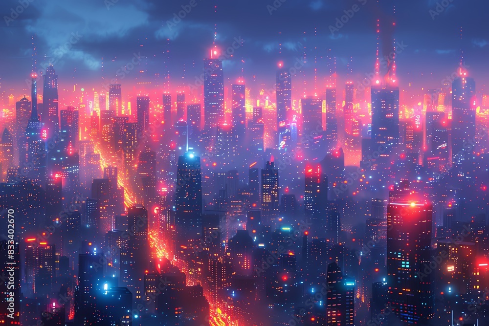 Futuristic cityscape with neon lights and skyscrapers.