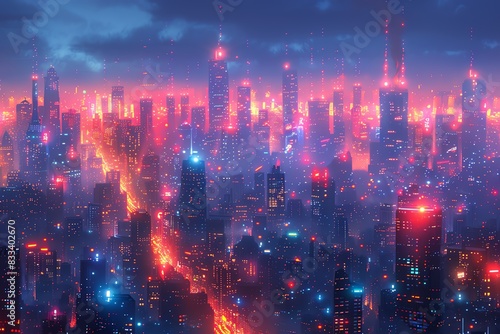 Futuristic cityscape with neon lights and skyscrapers.