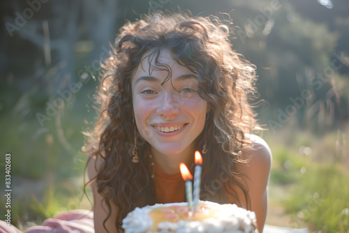 A happy curly mid length hair brunette with a birthday cake. Big smile. photo