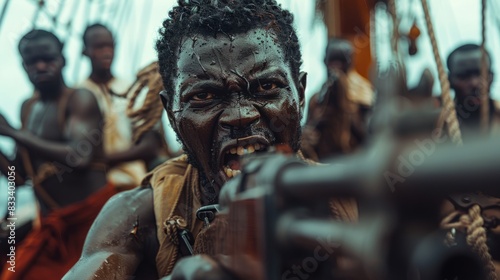 A horrifying scene of stark lawlessness is manifested by gun-wielding African pirates hollering orders on a hijacked ship photo