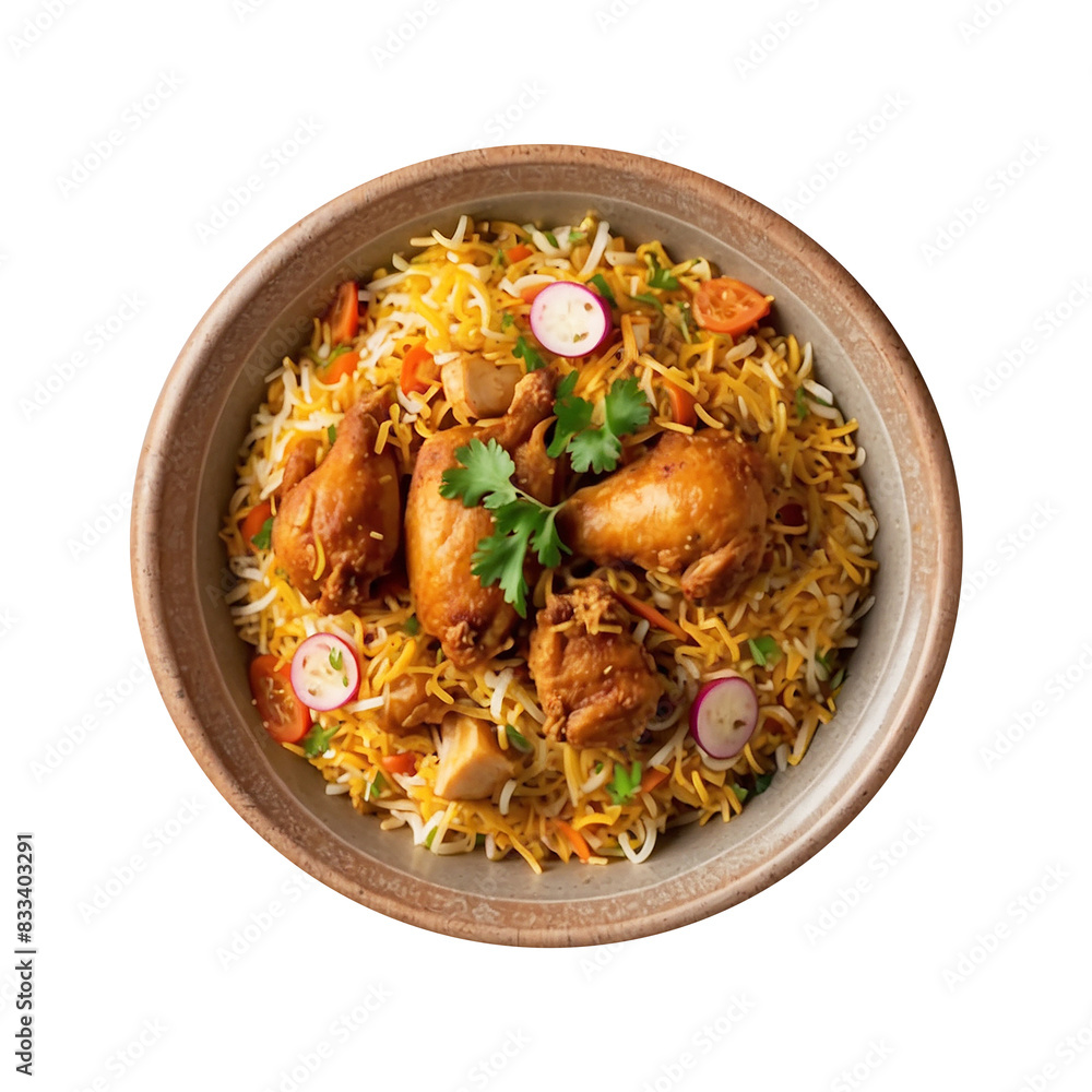 A Hot Delicious bowl of biryani with chicken pieces isolated on a transparent background png. Beautiful view of traditional spicy indian food, Iftar meal, Ramadan dinner. A Hot Delicious bowl of biryani with chicken pieces isolated on a transparent background png. Beautiful view of traditional spicy indian food, Iftar meal, Ramadan dinner.