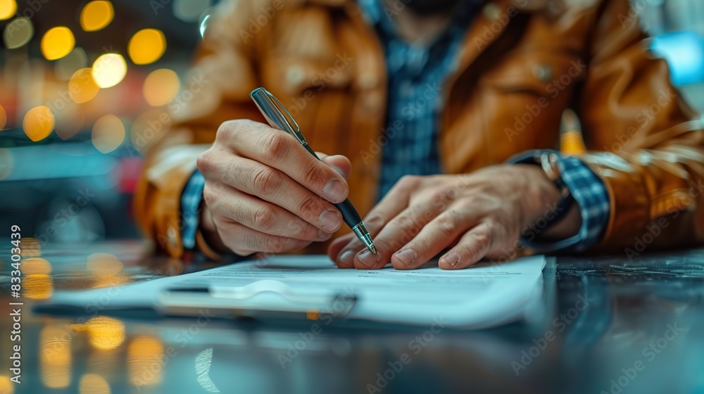 Man Writing on Document with Pen in Cozy Cafe Man Writing on Document with Pen in Cozy Cafe