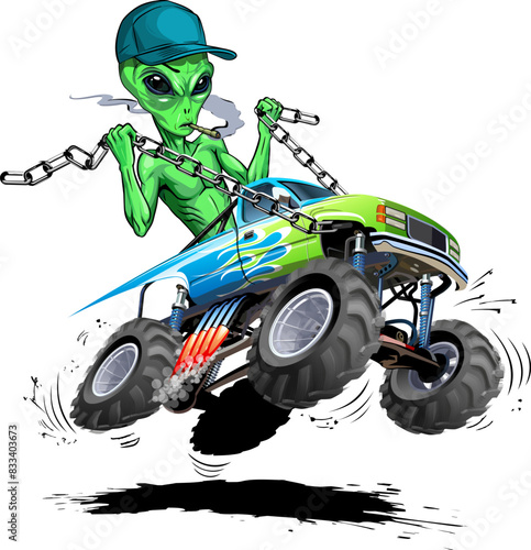 Vector cartoon alien drives a monstertruck