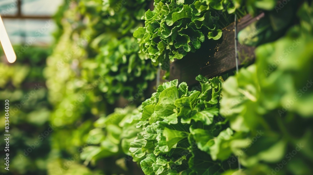 Fototapeta premium Mass production of green vegetables in a controlled environment on a modern vertical farm. Automated room with controlled levels of air temperature, light, water and humidity for optimal growth