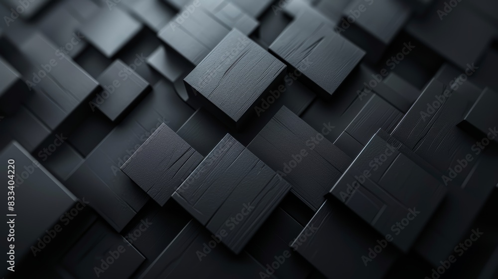 Abstract 3D black geometric blocks arranged in a pattern, creating a modern and futuristic background with depth and texture. Abstract 3D black geometric blocks arranged in a pattern, creating a modern and futuristic background with depth and texture.