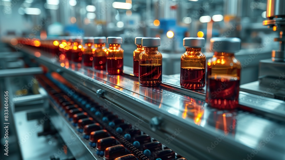 Pharmaceutical Bottles On Conveyor Belt In Manufacturing Factory Pharmaceutical Bottles On Conveyor Belt In Manufacturing Factory
