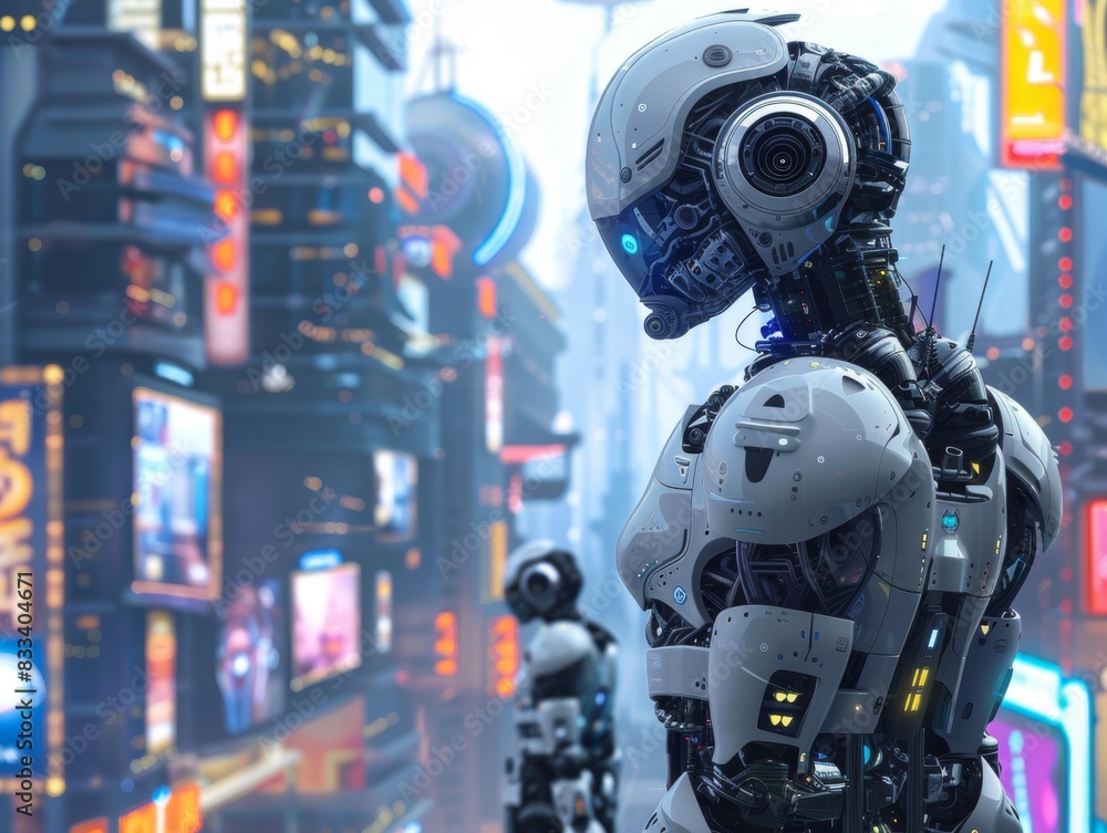 A futuristic city where robots and advanced AI are seamlessly integrated into daily life. A futuristic city where robots and advanced AI are seamlessly integrated into daily life.