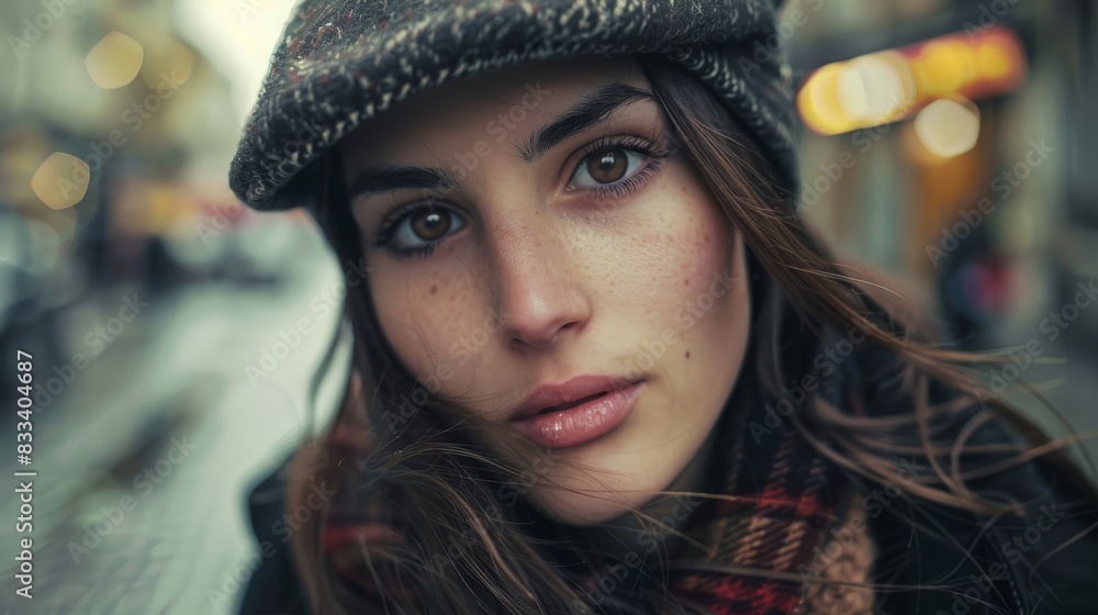 Young woman with wool cap on European street. Stylish woman in classic attire on European background.