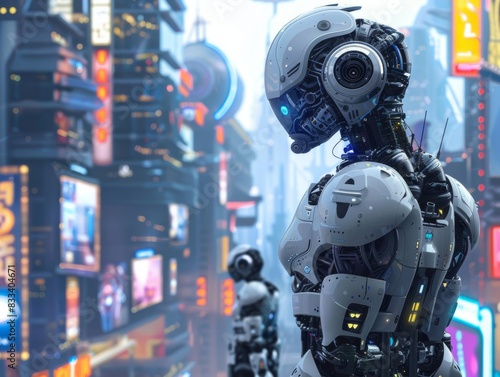 A futuristic city where robots and advanced AI are seamlessly integrated into daily life. © Thi