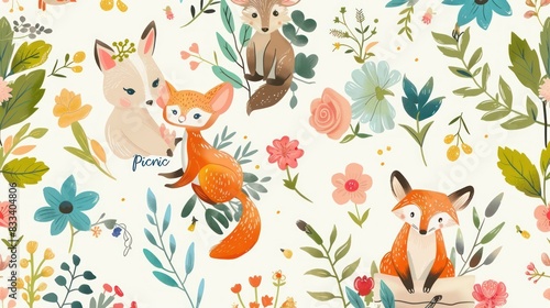 Springtime themed illustration design pattern with elements of leaves, flowers and cute animals and bee.