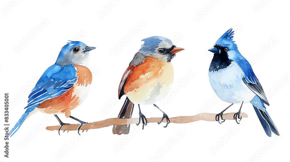 Fototapeta premium A beautiful watercolor painting of three bluebirds perched on a branch. The perfect addition to any home or office.