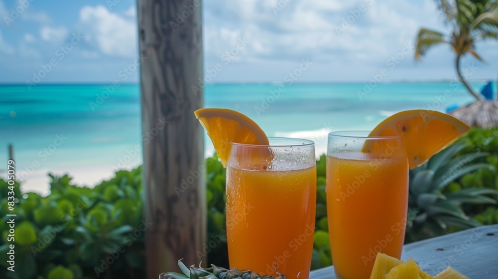 Pineapple and orange juices, beach setting, lush fruits, turquoise ocean backdrop.