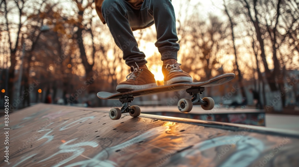 A skateboarder performing a trick on a ramp at sunset in an outdoor park setting, capturing the dynamic movement and urban atmosphere. A skateboarder performing a trick on a ramp at sunset in an outdoor park setting, capturing the dynamic movement and urban atmosphere.