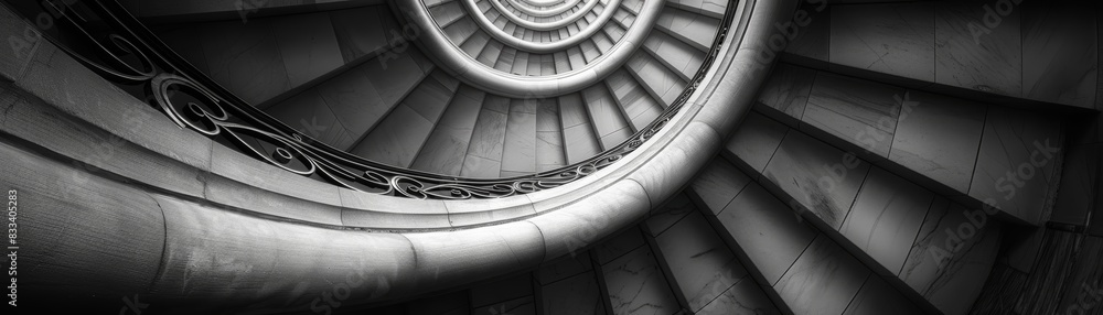 Fototapeta premium A stunning black-and-white photo of a spiraling staircase with intricate railing design and stone steps, creating a mesmerizing visual effect.