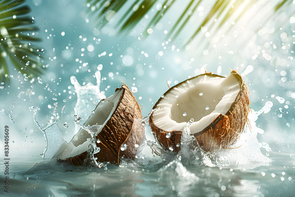 Water splashing on coconut, coconut cut into two pieces with visible fresh white insides, Water splashing on coconut, coconut cut into two pieces with visible fresh white insides,