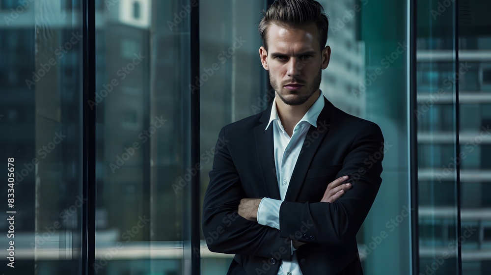 Confident young businessman in a black suit standing with arms crossed in a modern office with cityscape background. Confident young businessman in a black suit standing with arms crossed in a modern office with cityscape background.