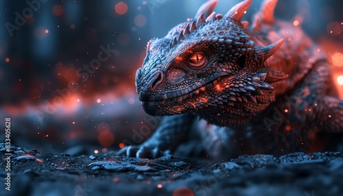 A fierce, digitally rendered dragon with glowing eyes and horns, set against a backdrop of fire and sparks.