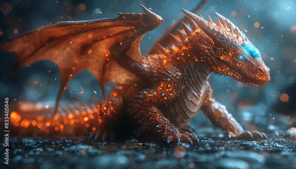 Fiery dragon with glowing blue eyes, sitting on a dark surface. Fiery dragon with glowing blue eyes, sitting on a dark surface.