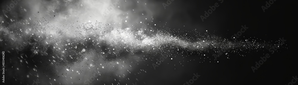 Obraz premium Abstract black and white smoke and particle cloud spreading in dark space, creating a mysterious and atmospheric visual effect.