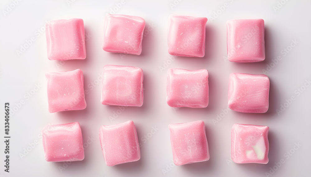 Tasty pink chewing gums on white background, top view Tasty pink chewing gums on white background, top view