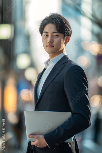 Japanese herbivore Smart Salaryman in a sharp suit, Short smooth black hair, holding a laptop, urban background photo