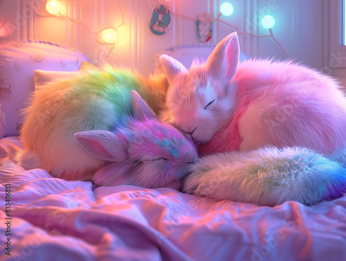 drawing of a rainbow-furred lazy rabbit sleeping in her pastel, cozy, and small room.  photo