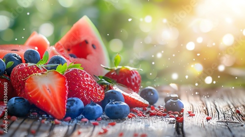 close-up of fresh summer fruits on a rustic wooden table, vibrant colors, strawberries, blueberries, watermelon, bright sunlight, Generated with AI photo