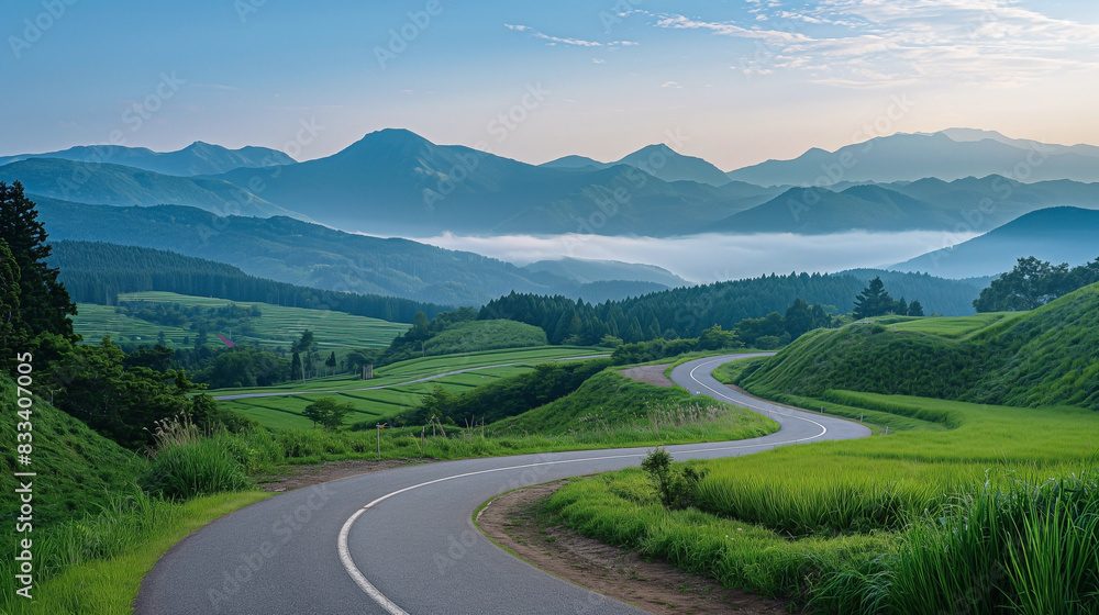Obraz premium A stunning photograph of a winding road in Hokkaido, Japan. The road snakes through a picturesque landscape, 