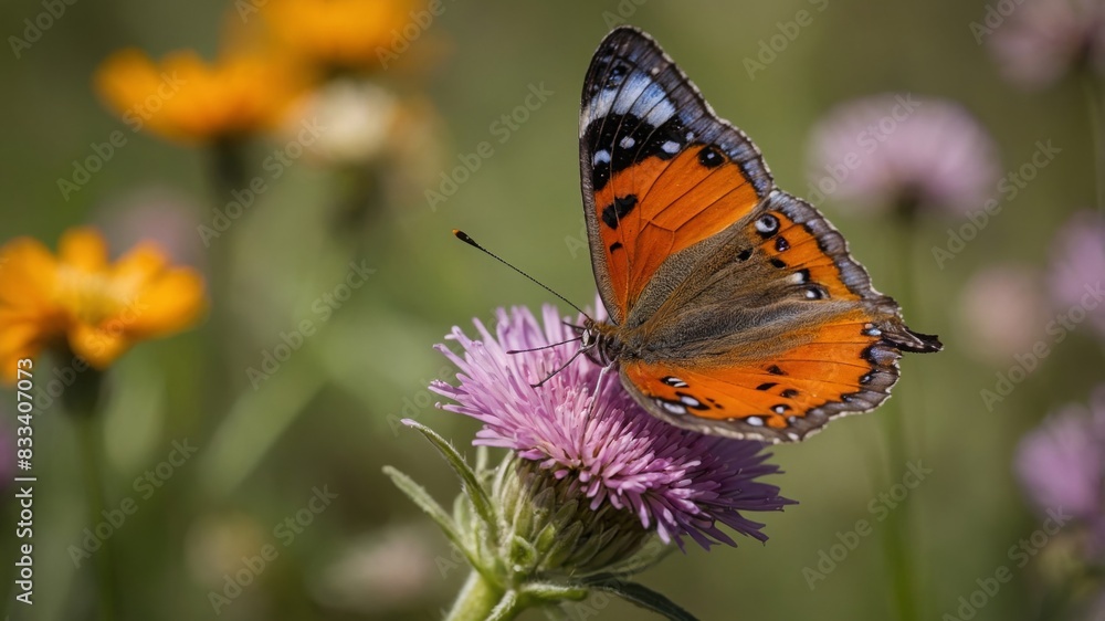 Macro shot of A vibrant butterfly perched on a colorful flower. The wings of the butterfly should be open, displaying their full pattern and color. A blooming meadow with a variety of wildflowers. The Macro shot of A vibrant butterfly perched on a colorful flower. The wings of the butterfly should be open, displaying their full pattern and color. A blooming meadow with a variety of wildflowers. The