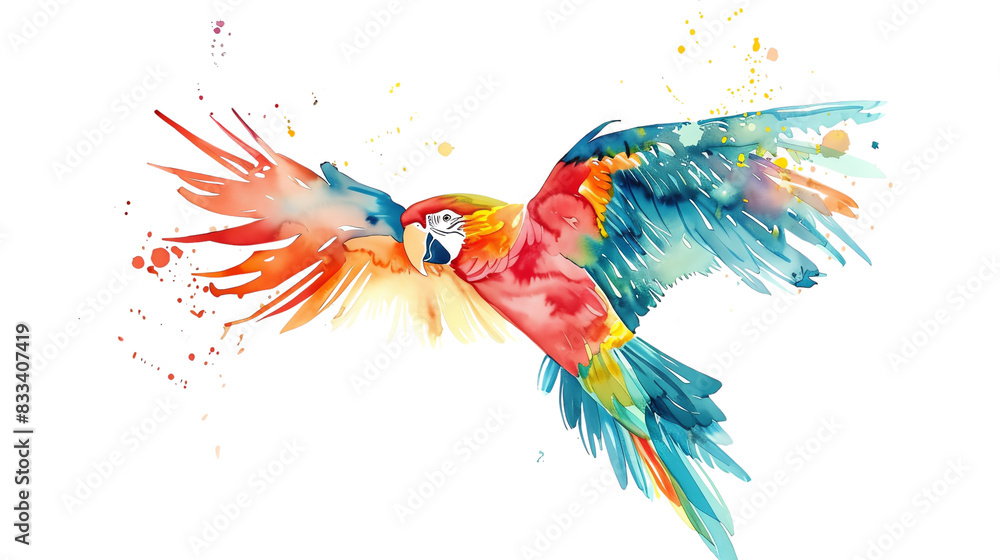 Obraz premium A multi-colored parrot is flying with its wings spread wide. The background is white.