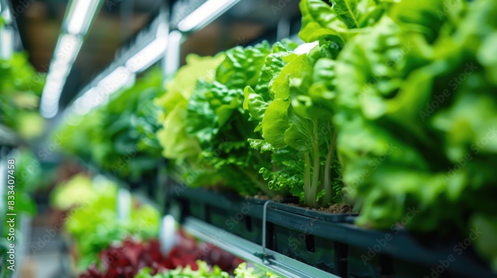 Mass production of green vegetables in a controlled environment on a modern vertical farm. Automated room with controlled levels of air temperature, light, water and humidity for optimal growth Mass production of green vegetables in a controlled environment on a modern vertical farm. Automated room with controlled levels of air temperature, light, water and humidity for optimal growth