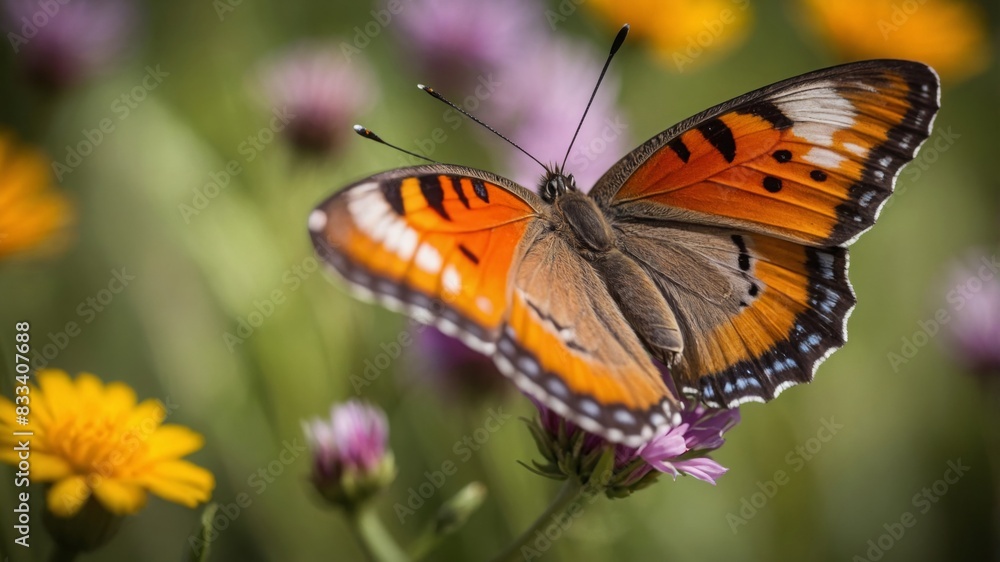 Macro shot of A vibrant butterfly perched on a colorful flower. The wings of the butterfly should be open, displaying their full pattern and color. A blooming meadow with a variety of wildflowers. The Macro shot of A vibrant butterfly perched on a colorful flower. The wings of the butterfly should be open, displaying their full pattern and color. A blooming meadow with a variety of wildflowers. The