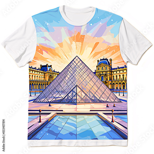 Stylish t-shirt print with a glass pyramid and the background of the Louvre Palace in France.
