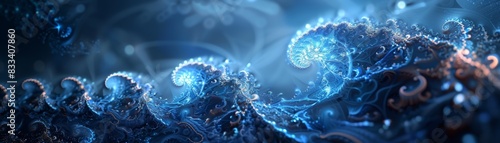 Abstract blue fractal design with intricate patterns and glowing light, creating a mesmerizing digital artwork of waves and curves.