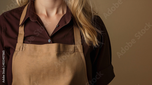 the torso of a woman blonde hair wearing a dark shirt and a brown apron photo