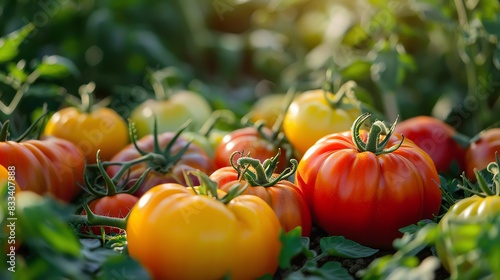 close-up of freshly picked heirloom tomatoes, varied colors and sizes, with green stems, sunlit farm setting, Generated with AI