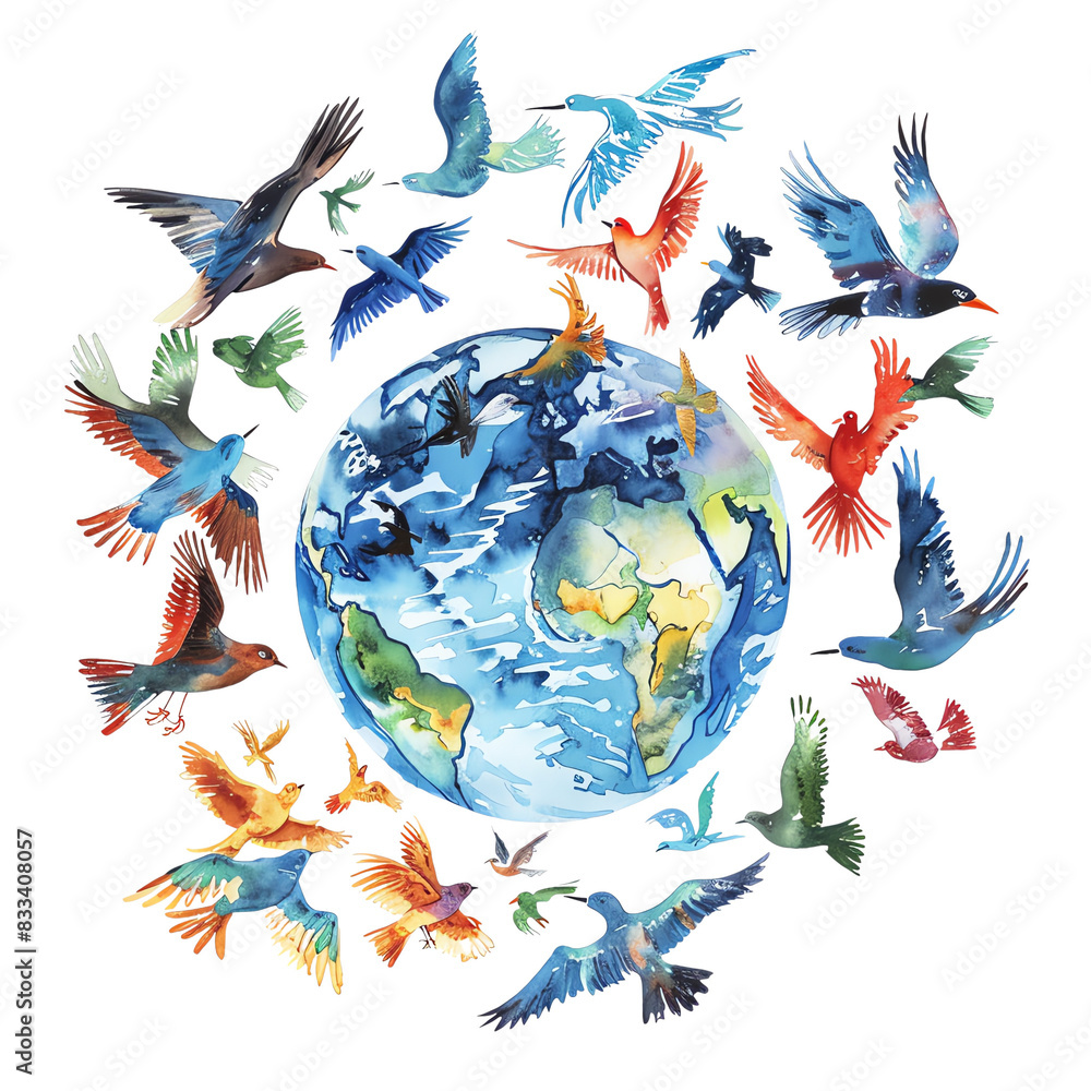 Obraz premium A watercolor painting of a flock of birds flying around the Earth