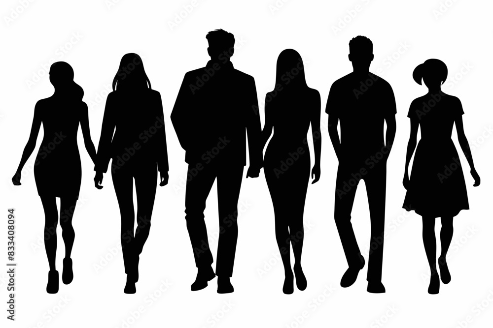 Vector silhouettes of men and women group of walking on white background Vector silhouettes of men and women group of walking on white background
