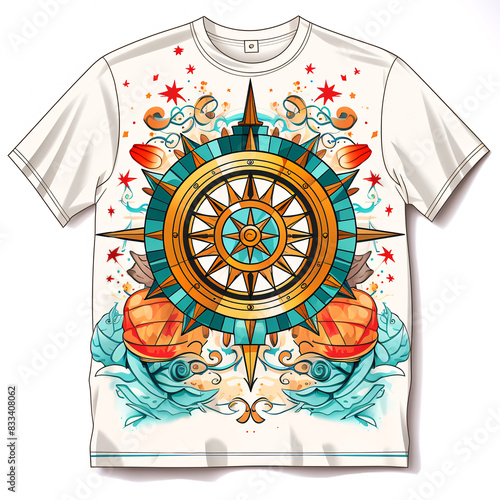 Navigation compass symbol, nautical adventure emblem, t-shirt print style.