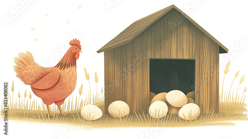 Flat art style illustration of a chicken coop scene featuring a hen and eggs. The chicken coop is simple and charming, with clean lines and a rustic design photo