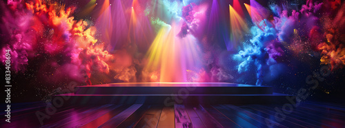 Colorful clouds of powder illuminated by spotlights on a stage