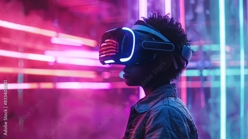 A guy in virtual reality glasses is immersed in the gameplay. Neon background A guy in virtual reality glasses is immersed in the gameplay. Neon background