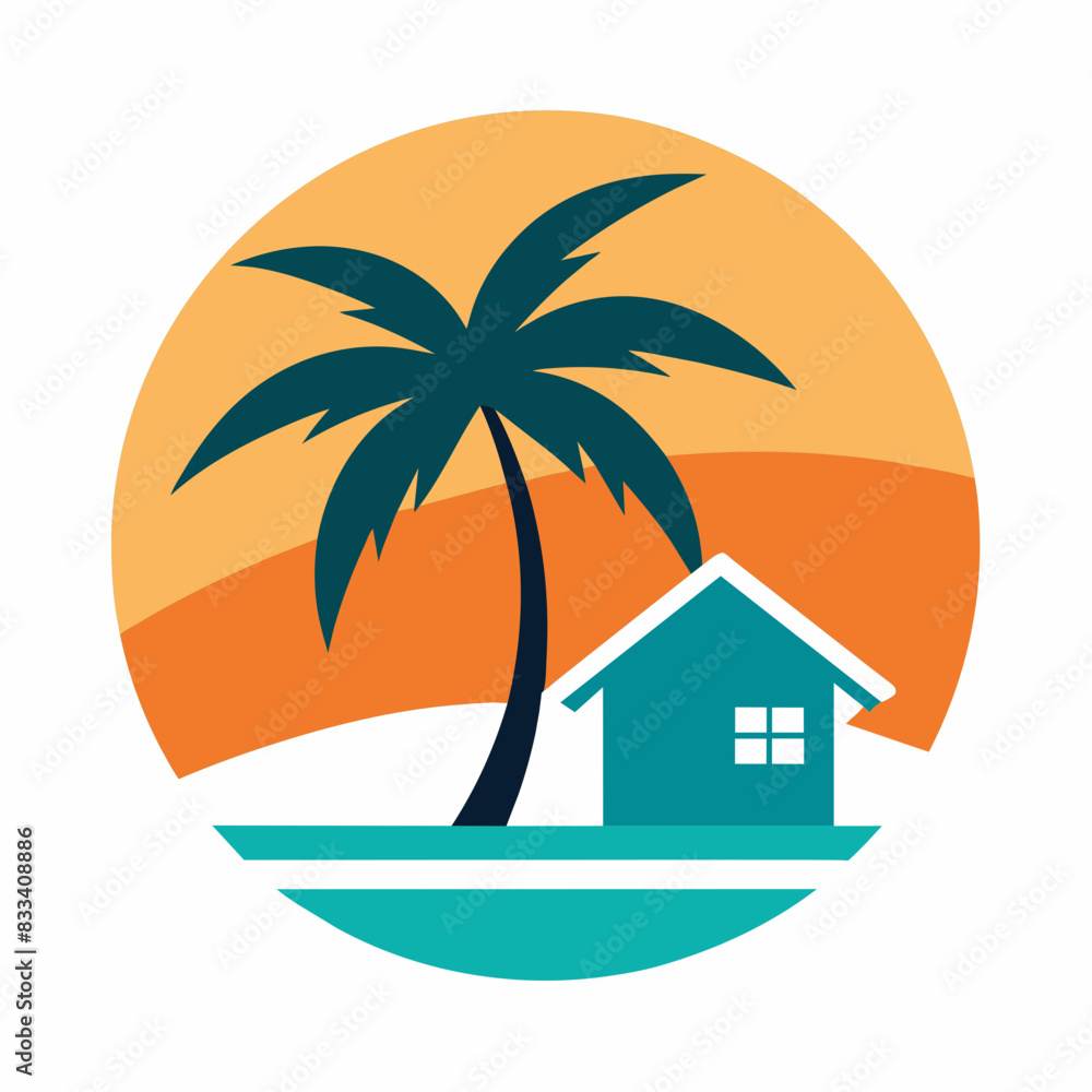 Sunset Estate Logo holiday beach with tree palm and home vector illustration