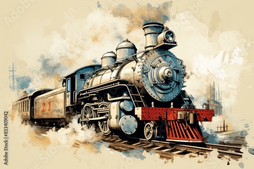 Artistic rendition of a classic steam locomotive with a vintage vibe in watercolor