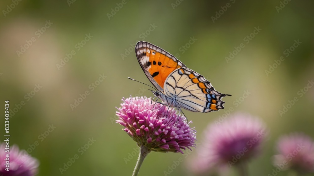Macro shot of A vibrant butterfly perched on a colorful flower. The wings of the butterfly should be open, displaying their full pattern and color. A blooming meadow with a variety of wildflowers. The Macro shot of A vibrant butterfly perched on a colorful flower. The wings of the butterfly should be open, displaying their full pattern and color. A blooming meadow with a variety of wildflowers. The